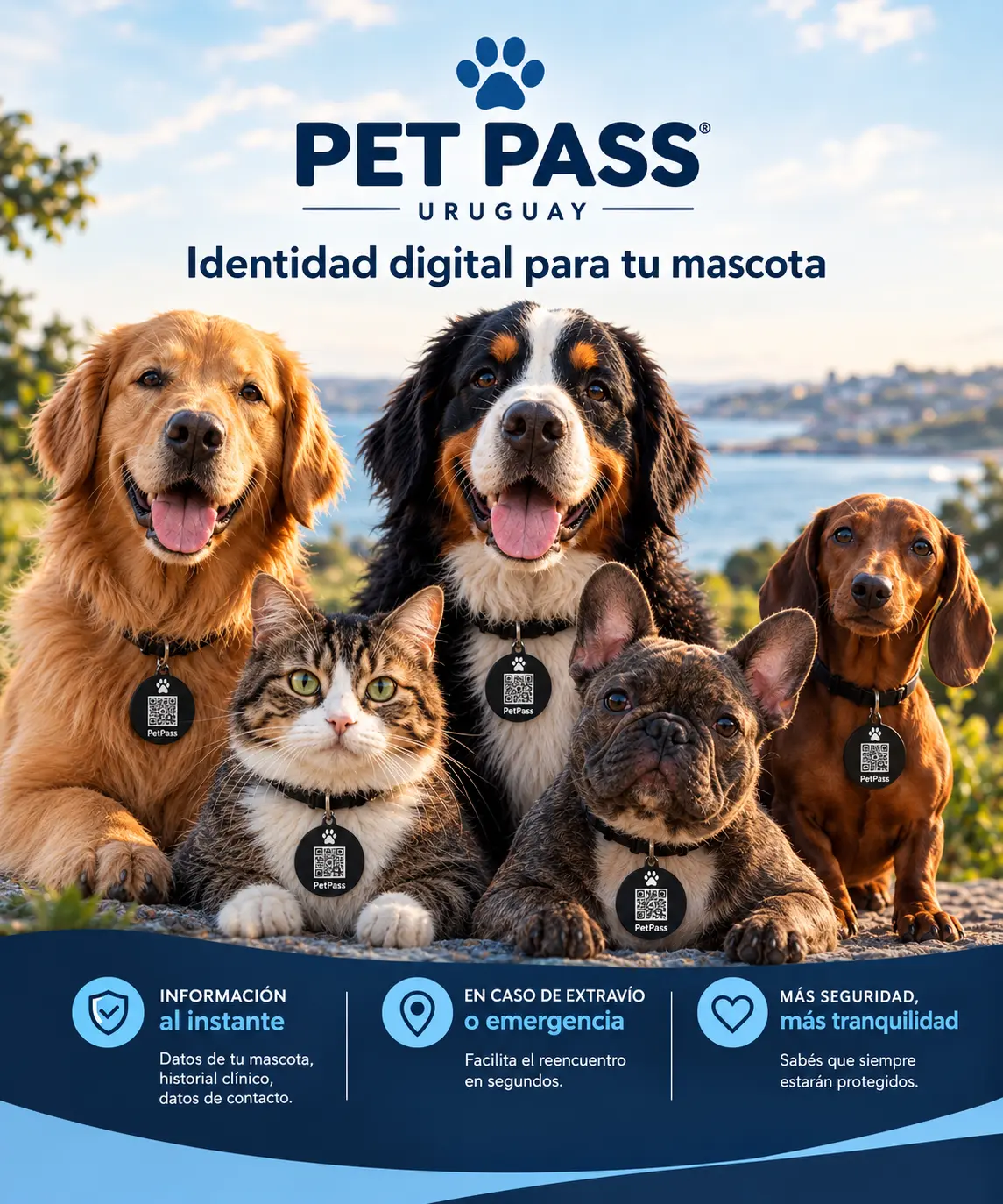 PET PASS Uruguay: identidad digital para tu mascota — perros y gato con su identificador QR